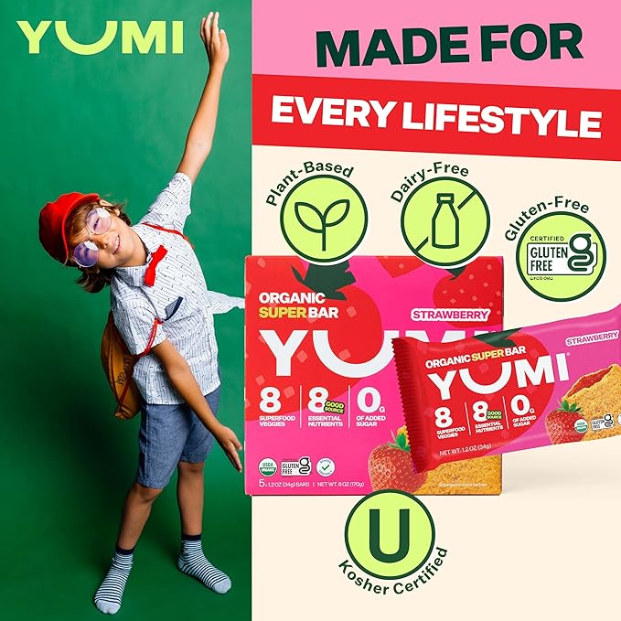 YUMI Organic Breakfast Superbar, Gluten-Free, No Added Sugar, 7+ Vegetables, Soft-Baked Crust, Healthy Snack Bars for Kids, School Safe, Healthy Alternative to Granola Bars or Cereal Bars, Strawberry (30ct)