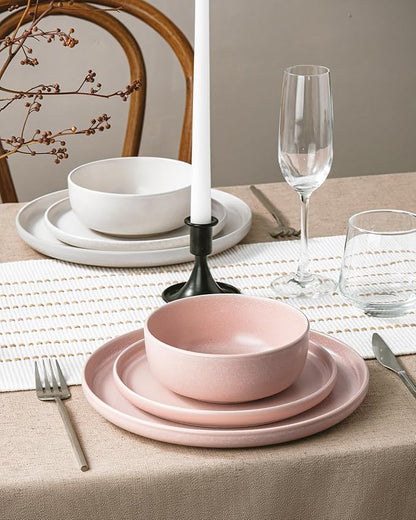 Famiware Milkyway Plates and Bowls Sets, 12 Pieces Dinnerware Sets, Reactive Glaze Dish Set, Stoneware Dishes Set for 4, Matte Beige White & Light Pink