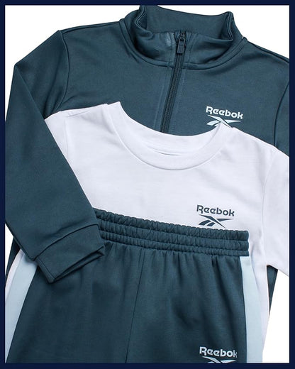 Reebok Baby Boy Pants Set - 3 Piece Tricot Fleece Jogger Pants Short Sleeve T Shirt & Track Jacket for Toddlers & Infants