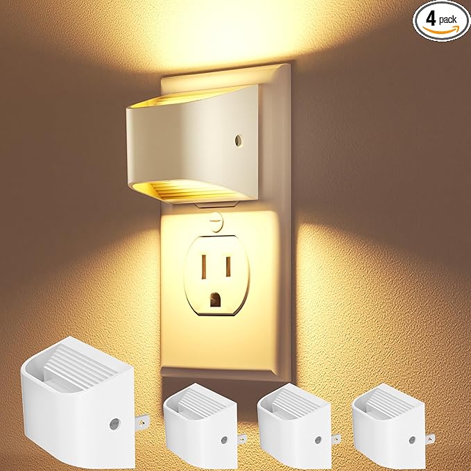 VOLISUN Night Lights Plug into Wall, 4 Pack Up and Down LED Night Light with Dusk to Dawn Light Sensor, 3000K Warm White Nightlight for Hallway, Bedroom, Bathroom, Kitchen White