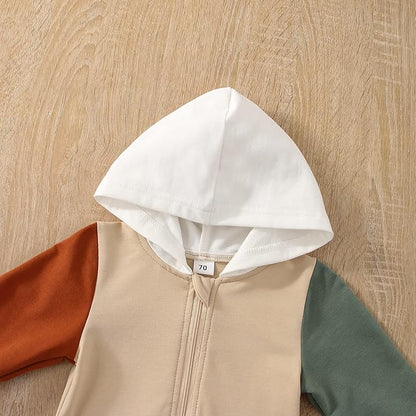 BemeyourBBs Newborn Baby Boy Clothes Color Block Long Sleeve Zipper Hooded Romper with Pocket Fall Winter One Piece Outfits
