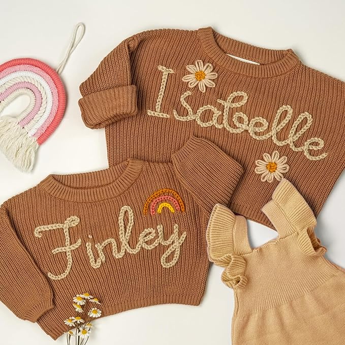 Personalized Hand Embroidered Knit Name Jumper, Custom Infant Christmas Sweater, Chunky Oversized Kids Sweater Multi