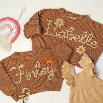 Personalized Hand Embroidered Knit Name Jumper, Custom Infant Christmas Sweater, Chunky Oversized Kids Sweater Multi