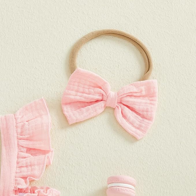 Thorn Tree Baby Girl Summer Clothes Newborn Outfit Ruffle Romper Infant Baby Dress Bow Headband Solid Cute Outfits Girls