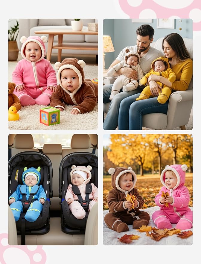 PATPAT Fleece Hooded Footed Clothes, Soft Warm Footie Covers, Car Seat Friendly, Easy Zip,Cute Romper Newborn Infant Jumpsuit