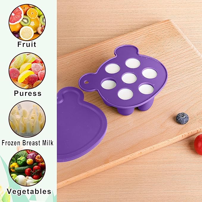 Baby Fruit Food Feeder Breastmilk Popsicle Molds for Teething Relief - 3 Pack Feeding Sets - 1 Freezer Tray with Lid & 1 Teether & 1 Silicone Pacifier + 3 Extra Sizes Infant Feed Mesh (Purple)
