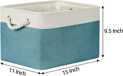 Bidtakay Basket Storage Bins with Handles Fabric Large Storage Baskets for Organizing Set of 3 Collapsible Rectangular Basket for Shelves Closet Organizer 15 X 11 X 9.5 Inches(White&Teal Blue)