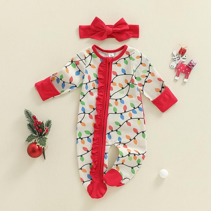 Baby Girl Boy Christmas Outfit Long Sleeve Lights Zipper Footie Romper Cute Newborn Infant Waffle Jumpsuit