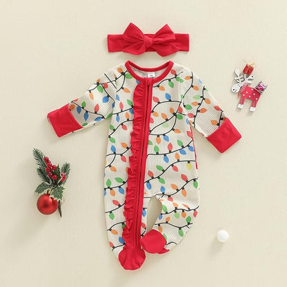 Baby Girl Boy Christmas Outfit Long Sleeve Lights Zipper Footie Romper Cute Newborn Infant Waffle Jumpsuit
