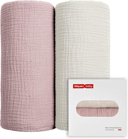 GLLQUEN BABY Muslin Swaddle Blankets for Girls, 2-Pack Organic Baby Blankets for Girl Boy, Newborn Receiving Blanket, Baby Swaddle Blanket Unisex, Baby Essentials, Registry & Gift, 40 x 38 inches