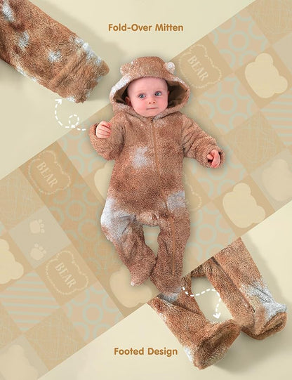 Jimonda Baby Tie Dye Snowsuit Winter Fleece Jumpsuit 0-18 Months, 100% Polyester Hooded Romper with Bear Ears for Infant