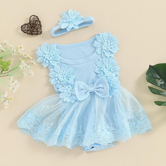 Infant Baby Girl Lace Romper Baby Tulle Dress Romper Flowers Bodysuit Spring Summer Festival Clothes with Headband
