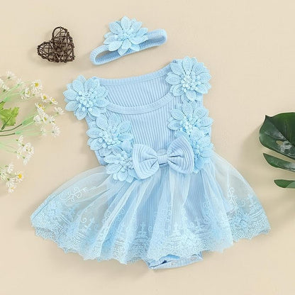 Infant Baby Girl Lace Romper Baby Tulle Dress Romper Flowers Bodysuit Spring Summer Festival Clothes with Headband