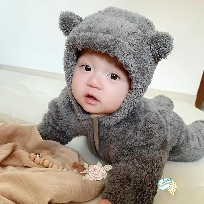 Newborn Baby Romper Fleece Onesie Jumpsuit Toddler Warm Hooded Outwear Outfits for Infant