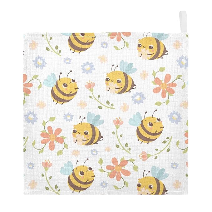 vvfelixl Baby Washcloths Cotton Bumble Bee Flowers Baby Muslin Washcloths Soft Baby Face Towel for Newborn Infants Baby Wipes, 11.8 X 11.8 Inch, 3 Pack White