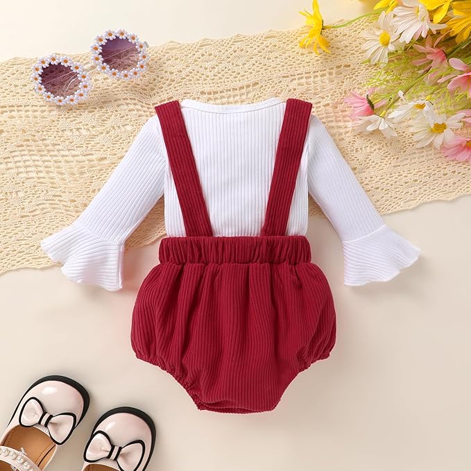 Tiny Cutey Newborn Baby Girl Clothes Bell Sleeve Romper and Corduroy Overalls Shorts Infant Girl Fall Outfits