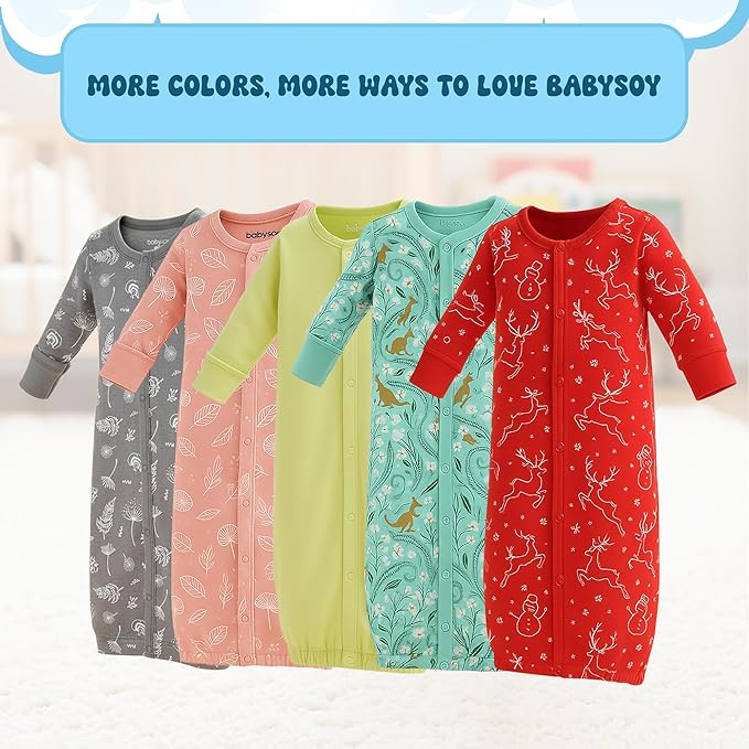 Babysoy Baby Long Sleeve Gown Sleep Sack, Ultra Soft Nightgown, Modern Prints, Reversible Mittens