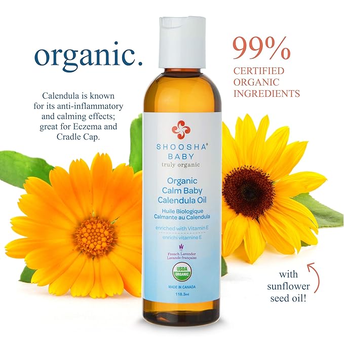 Shoosha Organic Calendula Oil French Lavender, for Babies, Real Calendula Oil, Calendula Massage Oil Moisturizer, Hypoallergenic, Gluten-Free, 100% Biodegradable