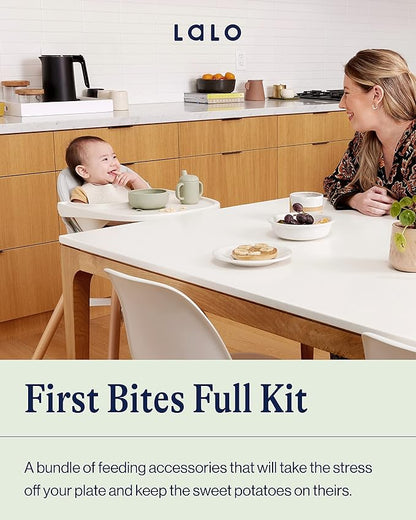 Lalo First Bites Silicone Baby Feeding Set - Baby Led Weaning Supplies - Non-Toxic Silicone - Includes 1 Bib, 2 Spoons, Training Cup, Suction Plate and Bowl - 6 Pieces - Sage
