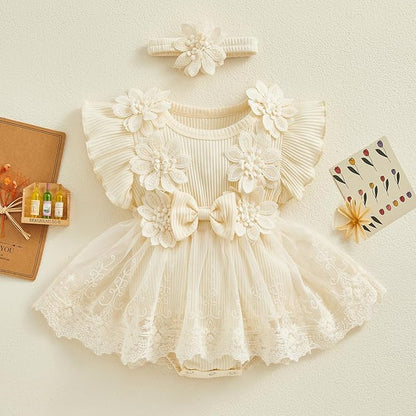 Infant Baby Girl Lace Romper Baby Tulle Dress Romper Flowers Bodysuit Spring Summer Festival Clothes with Headband