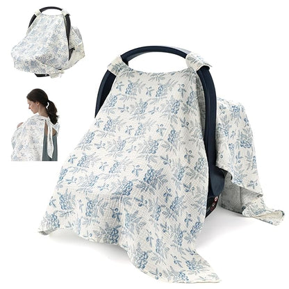 SERAPHY 2-in-1 Muslin Baby Car Seat Cover & Nursing Cover, Soft Lightweight Breastfeeding Cover for Boys and Girls,Breathable Canopy for Infant Carseat & Stroller for Summer—Blueberrie