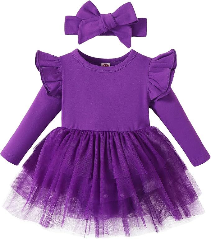 Baby Girl Clothes Infant Ruffle Sleeve Romper Dress Newborn Solid Tutu Skirt Sets Jumpsuit Headband Outfit