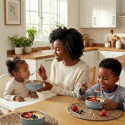 Monkey Proof™ Non-Toxic Stainless Steel Child Bowl 5” with Non-Slip Grooved Silicone Shell, (Set of 4 bowls) Unbreakable, Mess Free Feeding for Babies, Toddlers, Kids, BPA free (Stormy Sky Grooved)