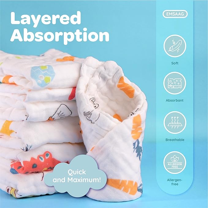 Muslin Baby Washcloths Pack of 7-Gift Boxed Mixed Patten, Absorbent Baby Bath and Face Towels,100% Cotton Baby Wipes Newborn,Burp Cloths,Feeding Towels for Babies and Infants,Reusable-10x10