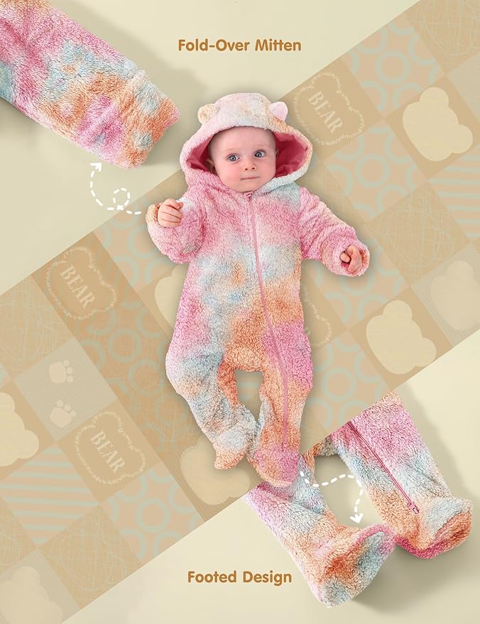Jimonda Baby Tie Dye Snowsuit Winter Fleece Jumpsuit 0-18 Months, 100% Polyester Hooded Romper with Bear Ears for Infant