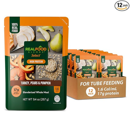 Real Food Blends Select Turkey, Pears & Pumpkin – Pureed Food Meal for Feeding Tubes, 9.4 oz Pouch (Pack of 12 Pouches)