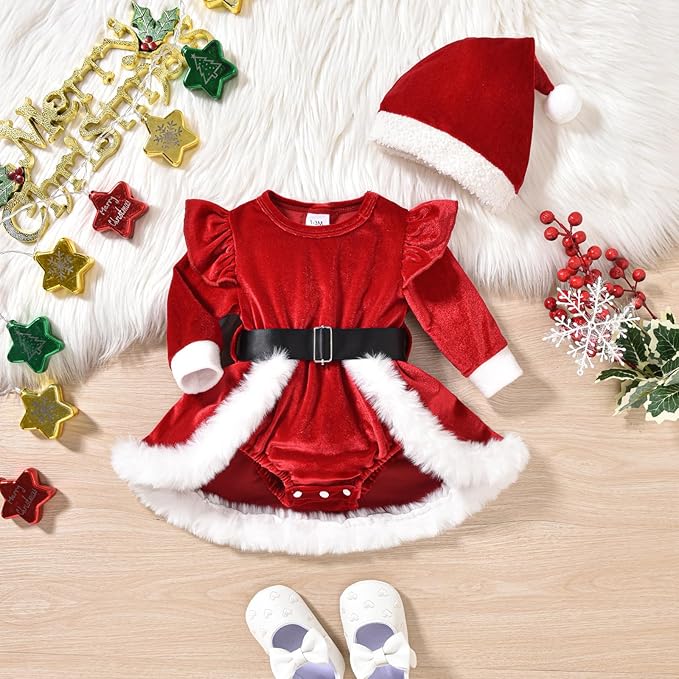 Newborn Christmas Outfit Baby Girl Plaid Romper Dress Infant Ruffle Long Sleeve Ribbed Bodysuit Headband Clothes