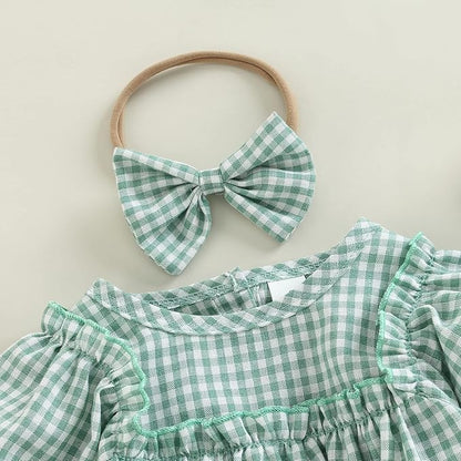 Douhoow Infant Baby Girl Plaid Romper Baby Sweatshirt Romper Ruffle Festival Clothes Fall Winter Outfits with Headband