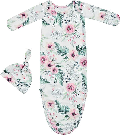 Newborn Baby Boy Long Sleeve Sleeper Gown with Mittens Knotted Gown Coming Home Outfit Nightgown Hat Set 2 Pieces