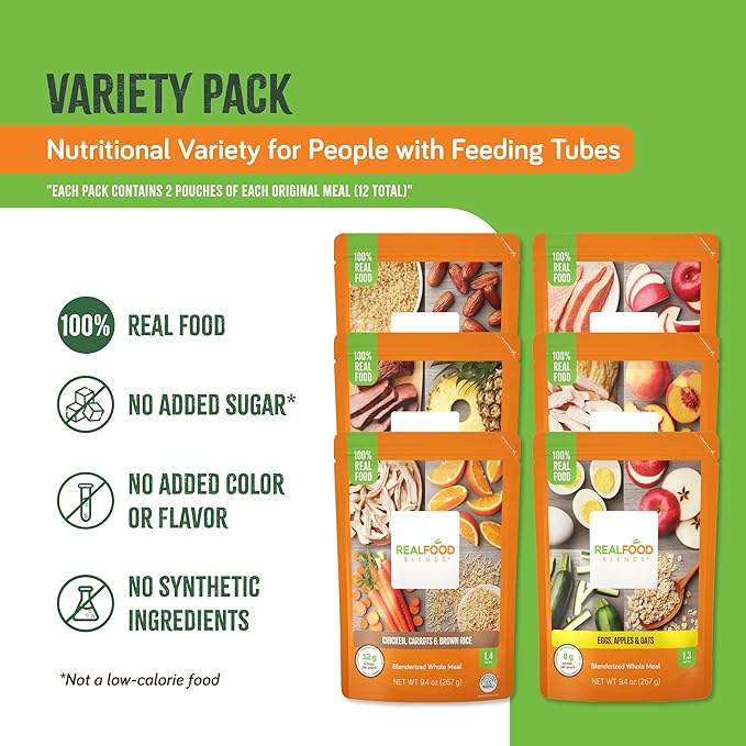 Real Food Blends Variety Pack - Pureed Food Meals for Tube Feeding with Protein, Vegetables & Fruits - 320–340 Calories Per Pouch for Lunch & Dinner - 9.4 oz (Pack of 12)