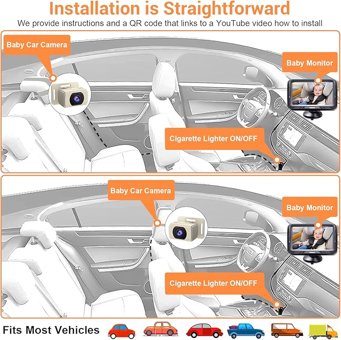 Rohent Car Baby Monitor with Camera - 1080P HD, 360° Adjustable, Night Vision, 150° Wide-Angle Lens, Easy Installation, Perfect Match for Beige Car Interiors, Ideal for Parents & Families