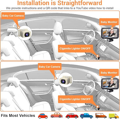 Rohent Car Baby Monitor with Camera - 1080P HD, 360° Adjustable, Night Vision, 150° Wide-Angle Lens, Easy Installation, Perfect Match for Beige Car Interiors, Ideal for Parents & Families