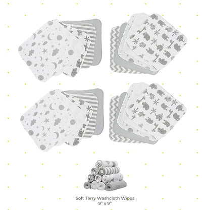 Spasilk 20-Piece Washcloth Set for Newborn Boys and Girls, Soft Terry Baby Washcloths, Baby Essentials, Gray Celestial