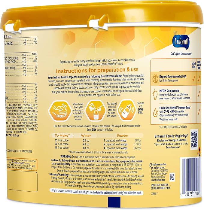 Enfamil NeuroPro Baby Formula, Triple Prebiotic Immune Blend with 2'FL HMO & Expert Recommended Omega-3 DHA, Inspired by Breast Milk, Non-GMO, Reusable Tub, 20.7 Oz (Packaging May Vary)