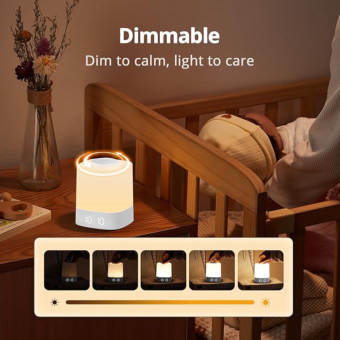 Lyridz LED Nursery Night Light with Clock, Portable Breastfeeding Table Lamp for Baby with Remote Control, Dimmable, 3 Color Temperature, 4000mAh Rechargeable Battery, White