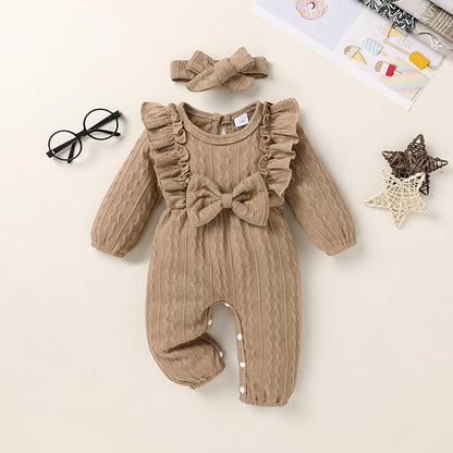 Happy Town Baby Girl Romper Infant Fall Winter Clothes Ruffle Sweater Long Sleeve Bodysuit Jumpsuit and Headband