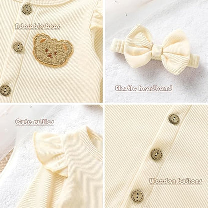 Newborn Baby Girl Cute Bear Ruffle Long Sleeve Jumpsuit Ribbed Bodysuit One-Piece Button Romper with Headband 0-18M