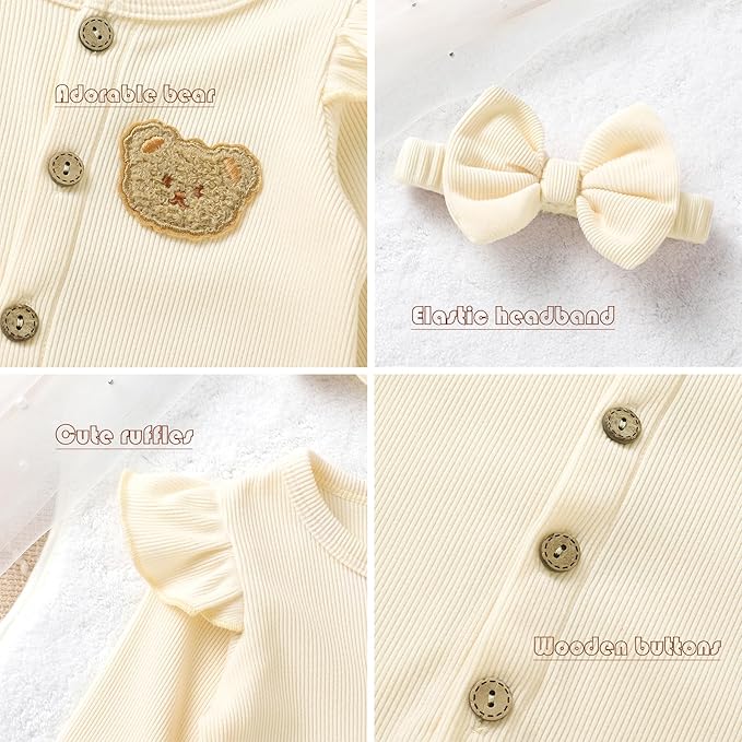 Newborn Baby Girl Cute Bear Ruffle Long Sleeve Jumpsuit Ribbed Bodysuit One-Piece Button Romper with Headband 0-18M