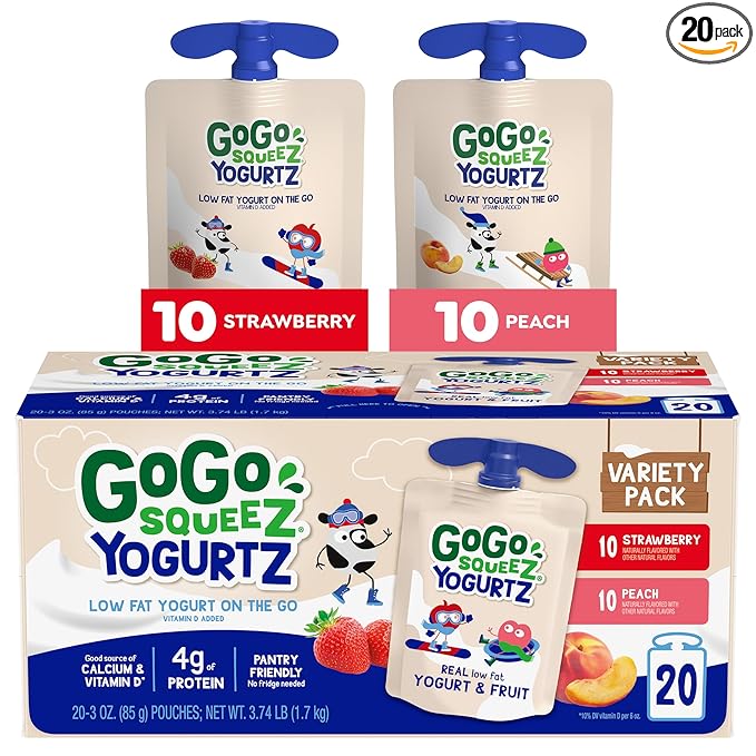 GoGo squeeZ YogurtZ Variety Pack, Strawberry & Peach, 3 oz (Pack of 20), Kids Snacks Made with Real Yogurt and Fruit, No Fridge Needed, Gluten Free, Nut Free, Recloseable Cap, BPA Free Pouches