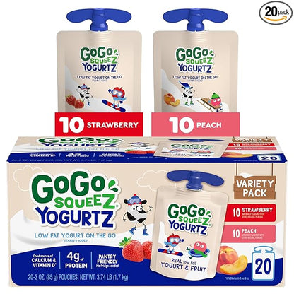 GoGo squeeZ YogurtZ Variety Pack, Strawberry & Peach, 3 oz (Pack of 20), Kids Snacks Made with Real Yogurt and Fruit, No Fridge Needed, Gluten Free, Nut Free, Recloseable Cap, BPA Free Pouches