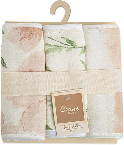 Crane Baby Cotton Muslin Burp Cloths Set of 3, Absorbent Floral Baby Burp Cloths, Newborn Essentials, Registry Must-Haves Pink Floral Burp Cloth