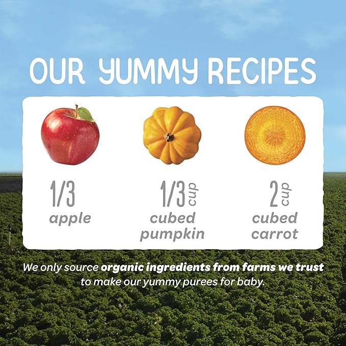 Happy Baby Organics Stage 2 Baby Food Pouches, Gluten Free, Vegan & Healthy Snack, Clearly Crafted Fruit & Veggie Puree, Apples, Pumpkin & Carrots, 4 Ounces (Pack of 16)