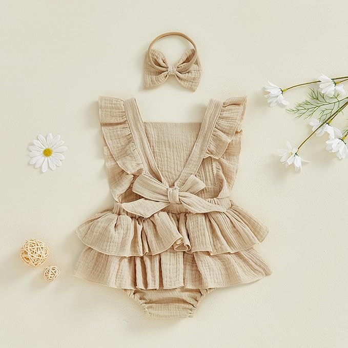 Thorn Tree Baby Girl Summer Clothes Newborn Outfit Ruffle Romper Infant Baby Dress Bow Headband Solid Cute Outfits Girls