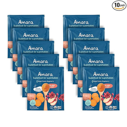 Amara Organic Baby Food - Stage 2 - Sweet Potato Raspberry - Baby Cereal to Mix With Breastmilk, Water - Baby Food Pouches Made from Organic Fruit and Veggies - 10 Pouches, 3.5oz Per Serving