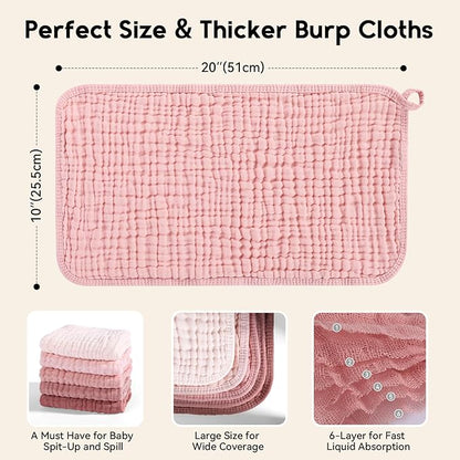 Muslin Burp Cloths for Baby 100% Cotton Burping Cloths for Boys Girls Large 20"X10" Extra Soft and Absorbent 5 Pack - Gradient Pink