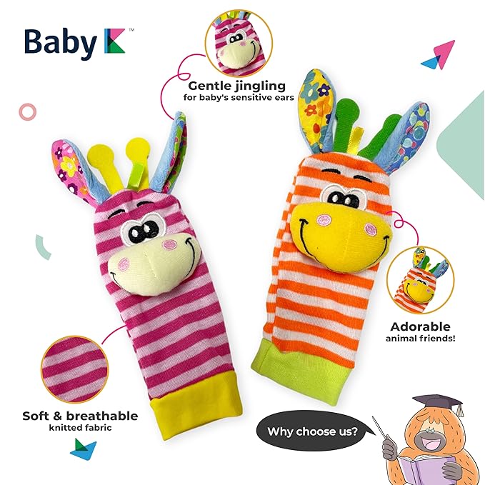 BABY K Foot Finder Socks & Wrist Rattles (Set I) - Newborn Toys for Baby Boy or Girl - Brain Development Infant Toys - Hand and Foot Rattles Suitable for 0-3, 3-6, 6-12 Months Babies
